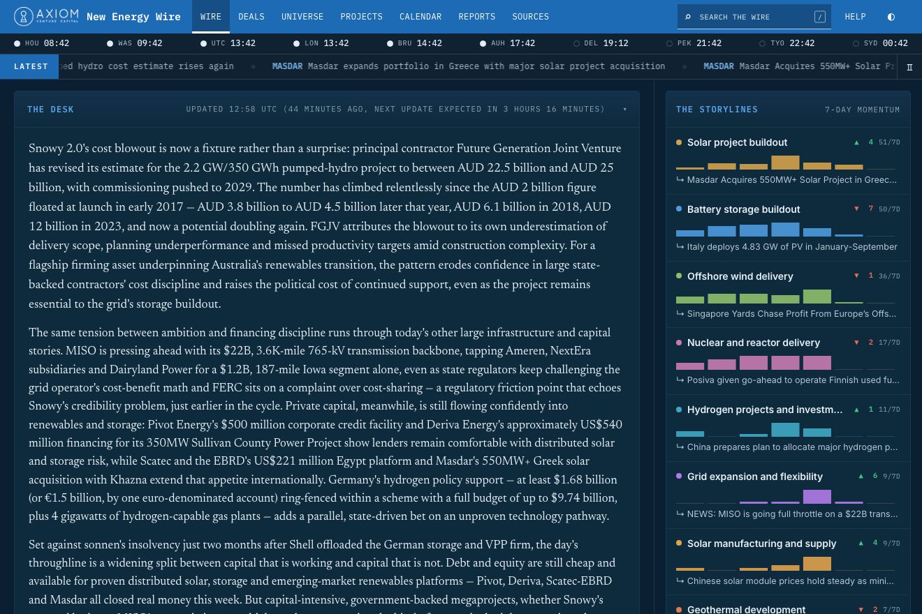 The terminal: the desk’s memo on the day’s energy stories, with the storylines beside it