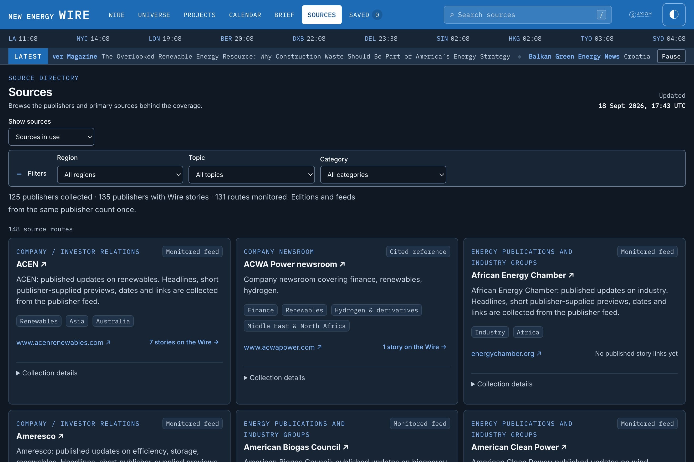The sources view: monitored routes, cited references and candidates, with collection status for each